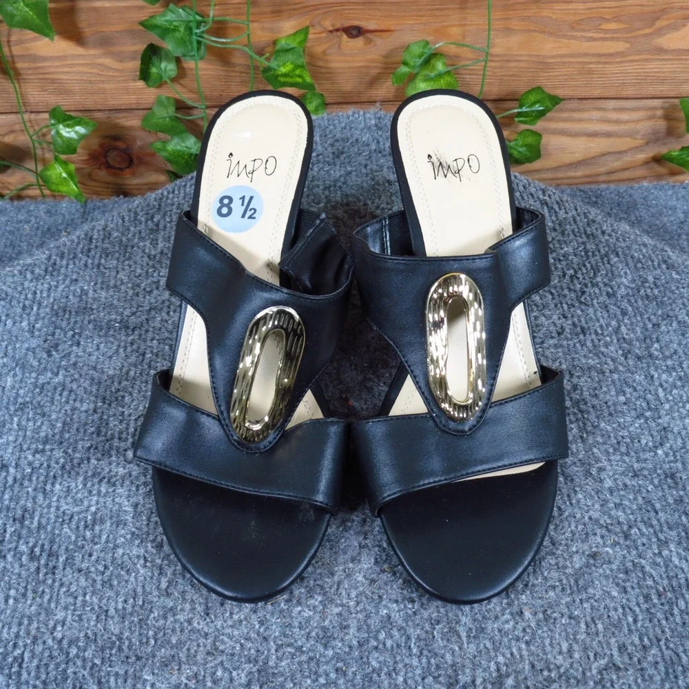 Impo Valmira Women Wedge Sandals Size 8.5 M Dressy Summer Black Gold Hardware